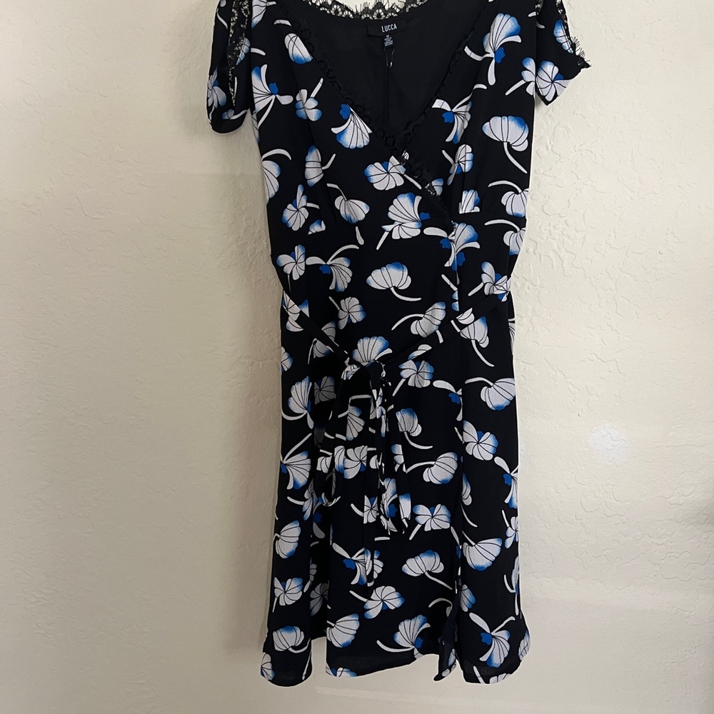 LUCCA Black/Blue Floral Mini Wrap Dress